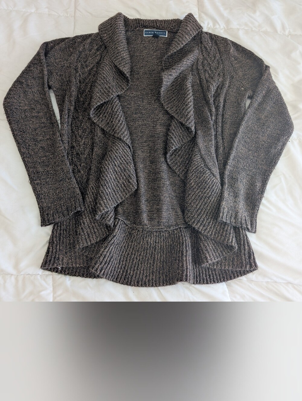Karen Scott Cable Knit Open-Front Women's Sweater Cardigan - Brown